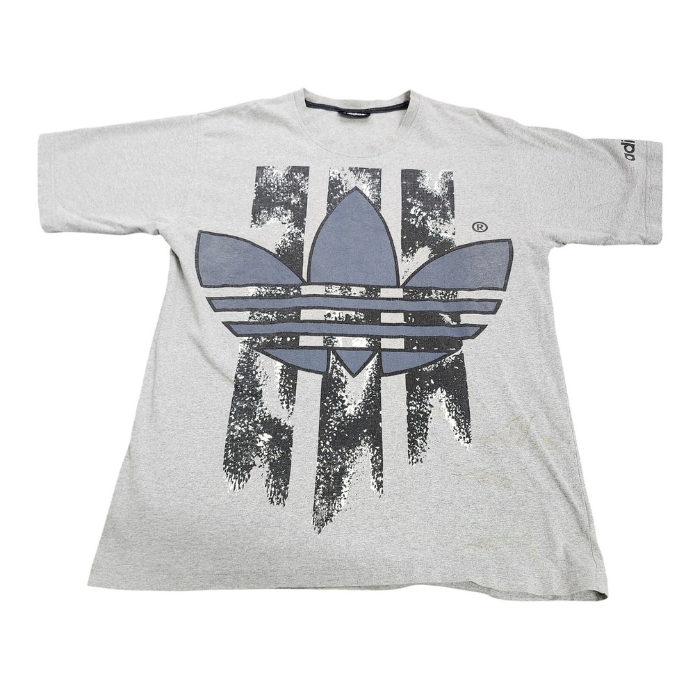 Adidas T-Shirt Mens L Trefoil Distressed Graphic Gray Short Sleeve EUC